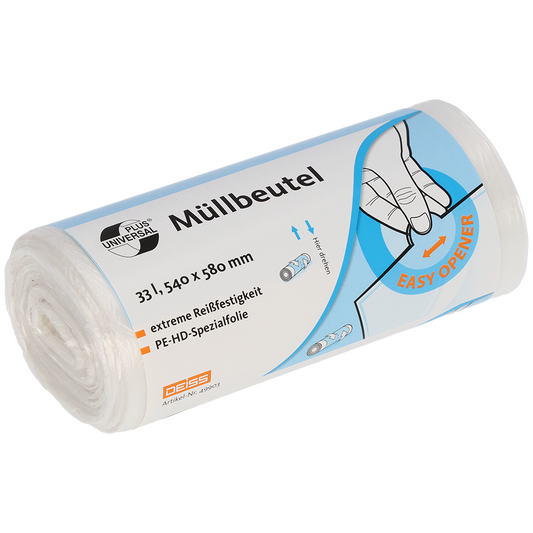 Eine transparente Rolle der EMIL DEISS KG (GmbH + Co.) DEISS 49903 Müllbeutel (540x580 mm, 100 Stück) mit blau-orangem Etikett zeigt eine Hand bei der Bedienung des Easy Openers; das Etikett verweist auf 33L Fassungsvermögen und hohe Reißfestigkeit für den praktischen Einsatz.
