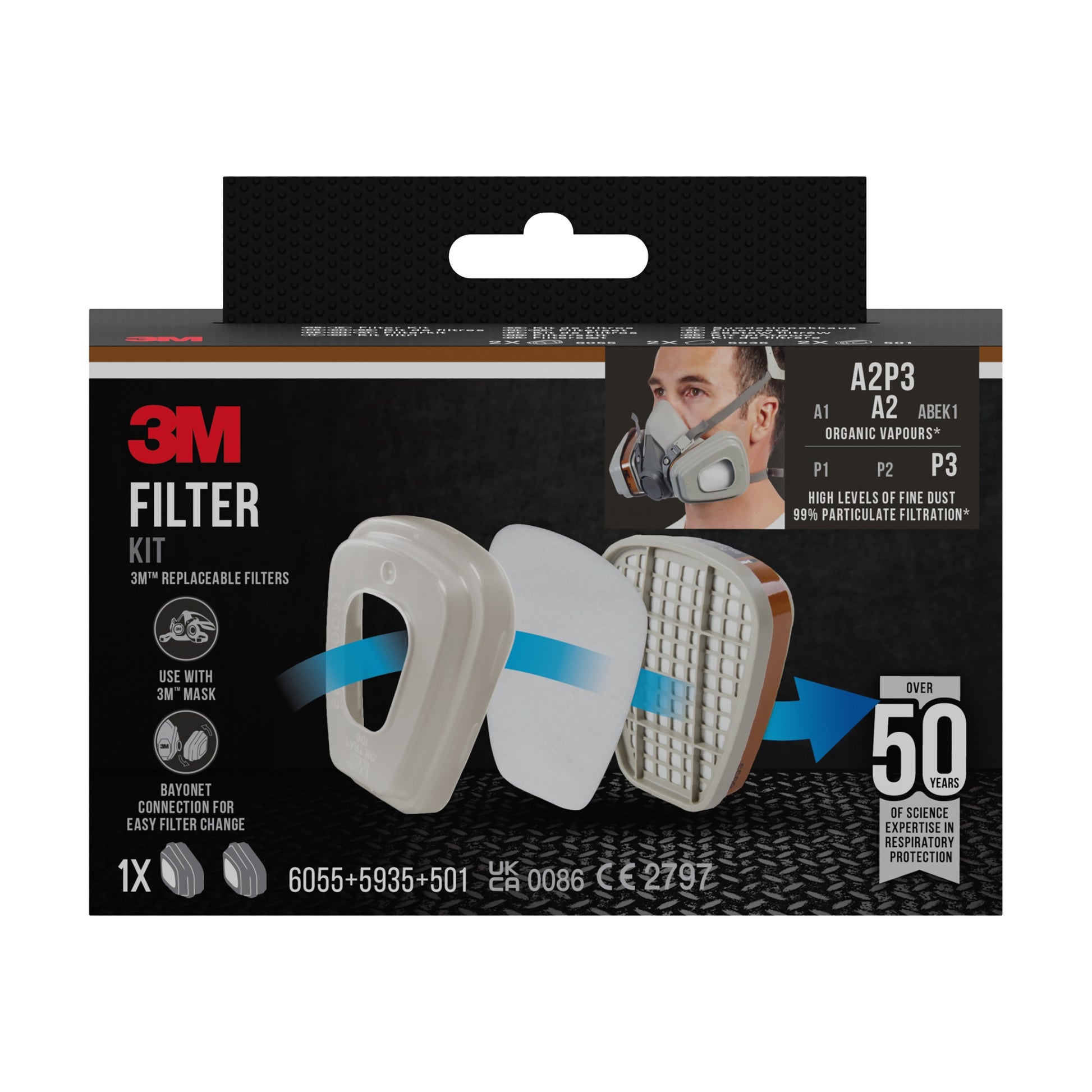 Eine Schachtel des 3M™ Filtersatzes 6003-1SP, A2P3 organische Dämpfe (2x6055, 2x5935, 2x501) von 3M Deutschland GmbH zeigt Abbildungen von Filtern, eine Person in einer Atemschutzmaske und Details zum Schutz vor organischen Dämpfen.
