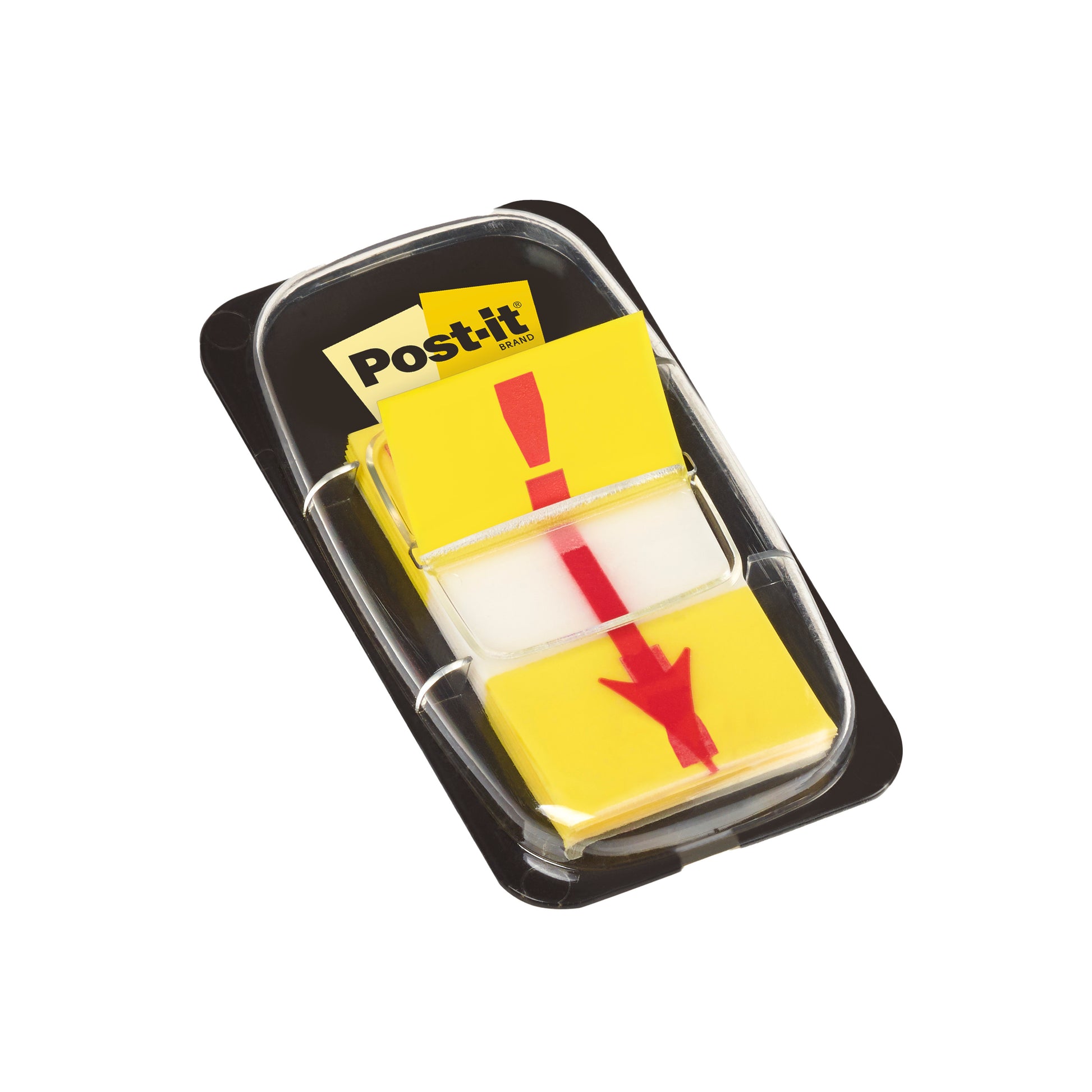 Ein klarer Kunststoffspender fasst 50 gelbe Post-it® Index Haftstreifen (25,4 mm x 43,2 mm) der 3M Deutschland GmbH. Jedes Fähnchen ist mit einem roten Pfeil nach unten versehen und das Post-it® Markenlogo ist auf einem Etikett hinter den Fähnchen abgebildet. Weißer Hintergrund.
