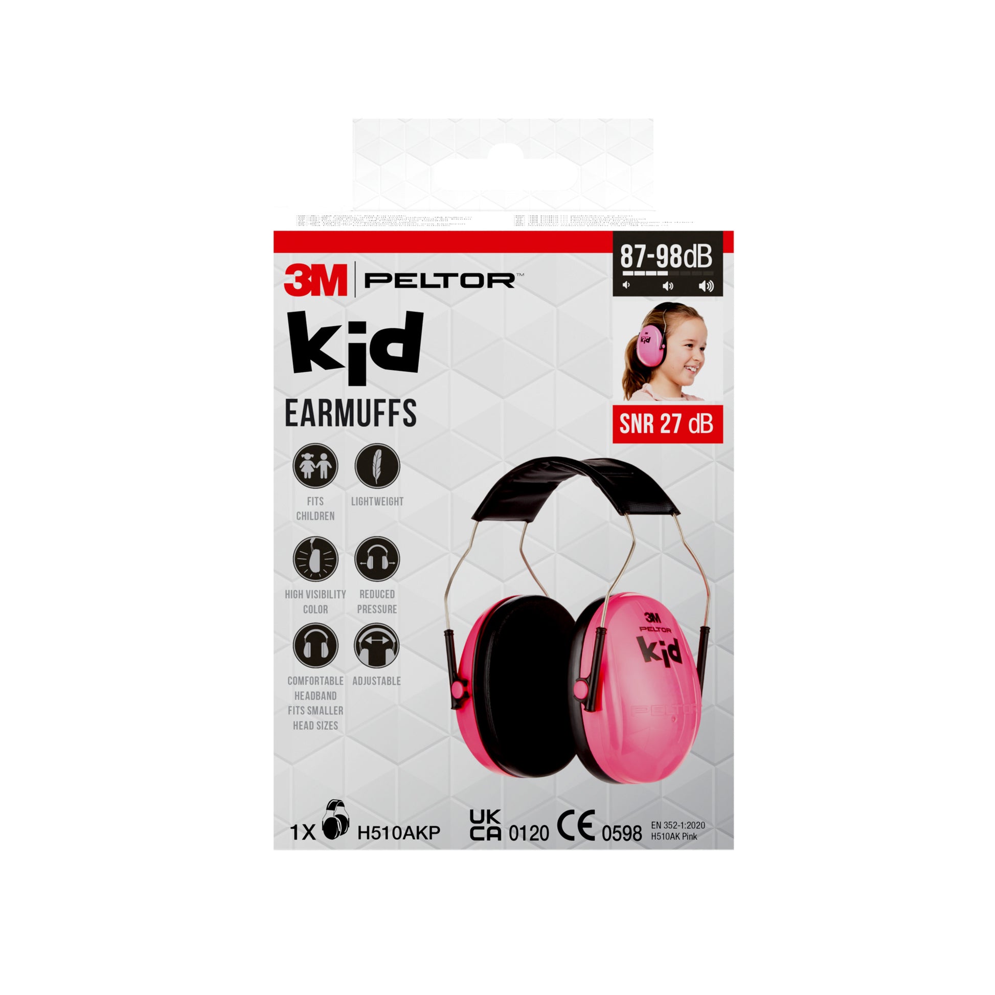 Vorderseite einer 3M™ PELTOR™ Kapselgehörschutz für Kinder-Verpackung der 3M Deutschland GmbH mit Angaben zu rosa Kapselgehörschutz, Lärmreduzierung, Alterseignung, geringem Gewicht und bequemen Ohrpolstern.