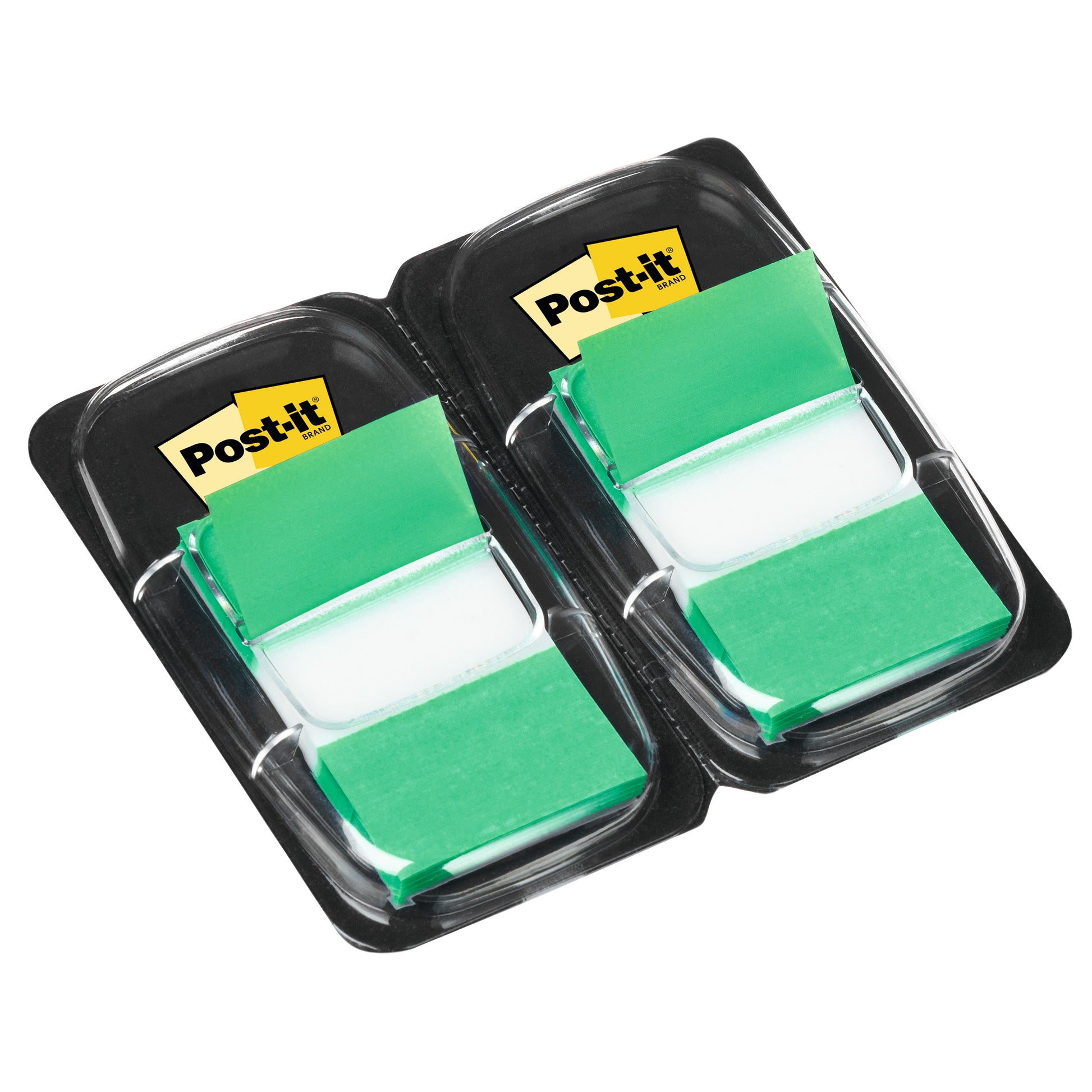 Ein schwarzer Kunststoffspender der 3M Deutschland GmbH fasst zwei Stapel grüner Post-it® Index Haftstreifen (25,4 mm x 43,2 mm, 50 Streifen), die jeweils mit einem gelben Etikett versehen sind. Die Streifen sind teilweise herausgezogen und einsatzbereit.
