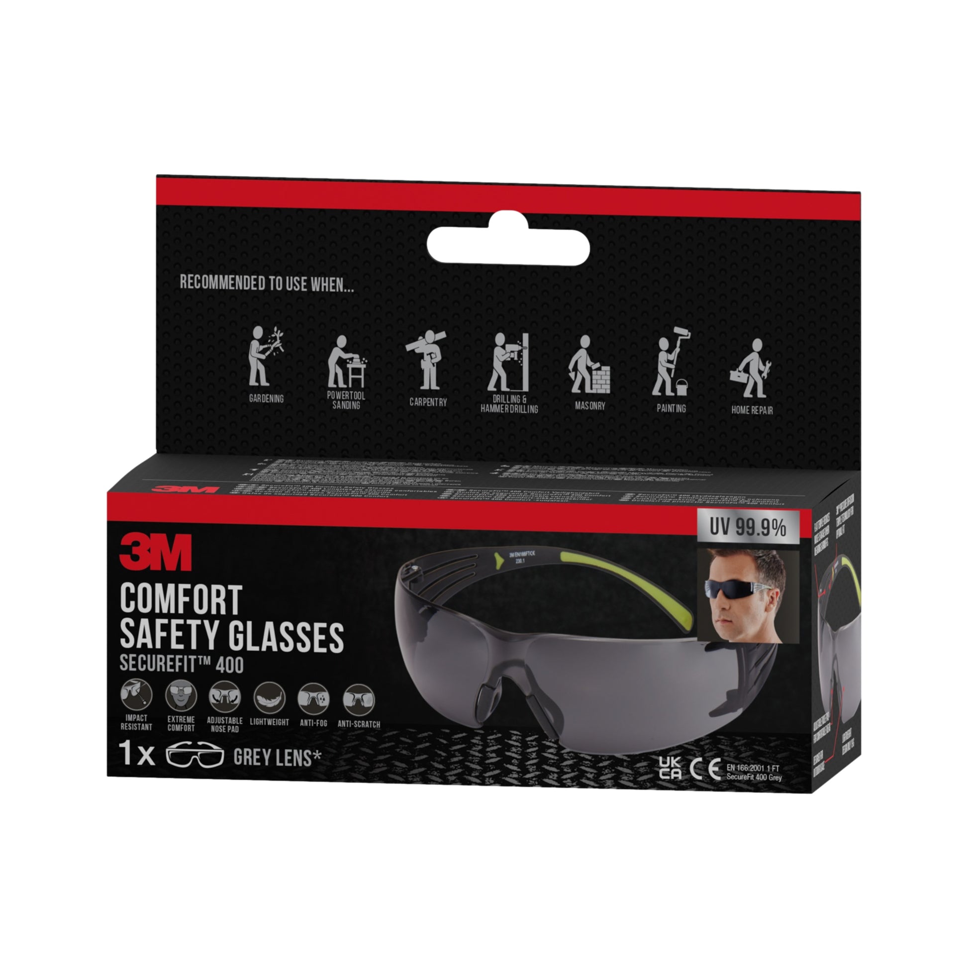 Eine Schachtel der 3M™ SecureFit™ Schutzbrille 400 der 3M Deutschland GmbH mit grauen Gläsern; auf der Verpackung sind Merkmale wie UV-Schutz und Verwendungsvorschläge (Gartenarbeit, Schreinerei, Malerei) sowie Bilder der Brille und eines Trägers abgebildet.