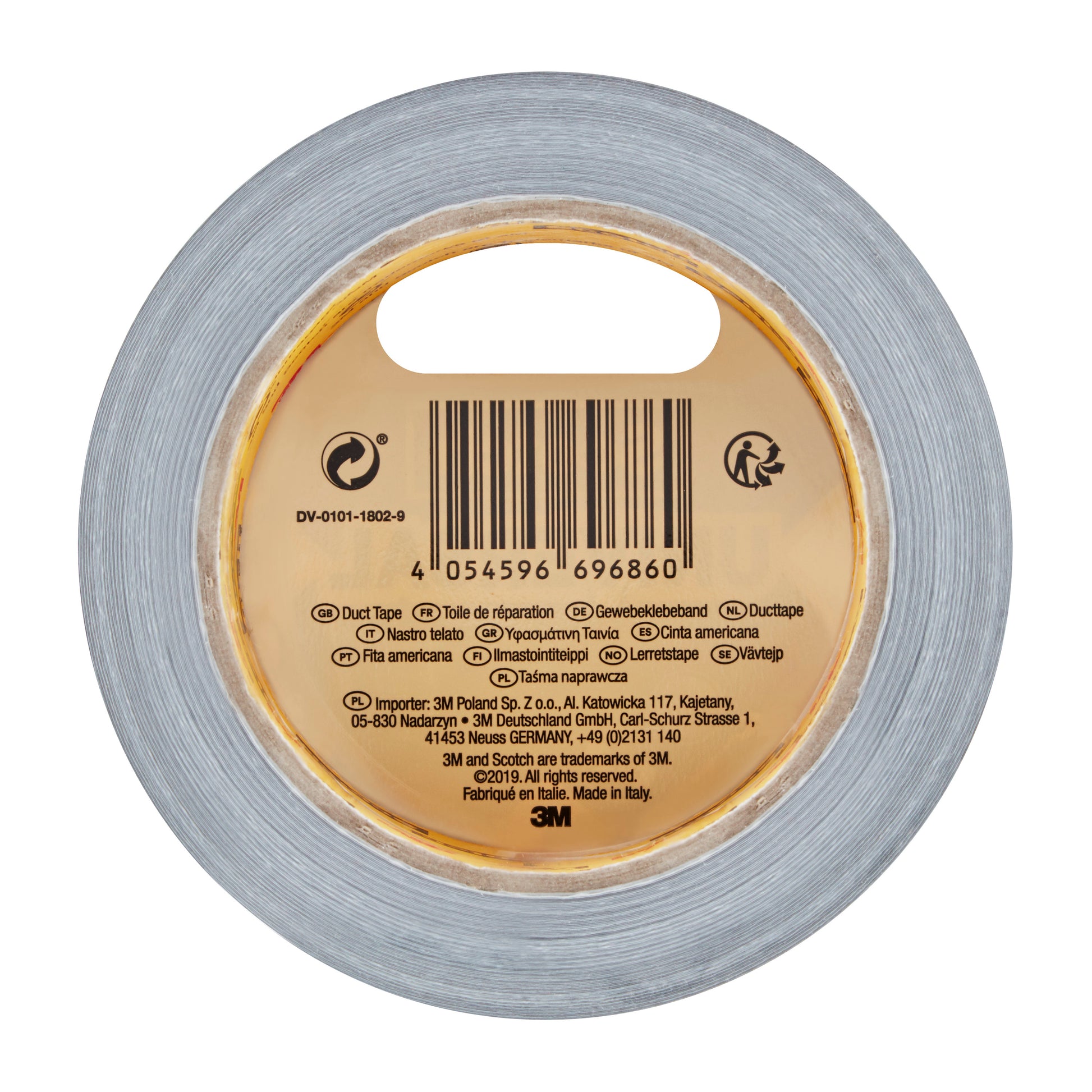 Eine Rolle Scotch® Universal Klebeband 2904 (25 m x 48 mm) der 3M Deutschland GmbH in der Draufsicht, mit Barcode, Produktangaben und mehrsprachiger Beschriftung auf dem inneren Pappkern. Das 3M-Logo befindet sich am unteren Rand des Etiketts.