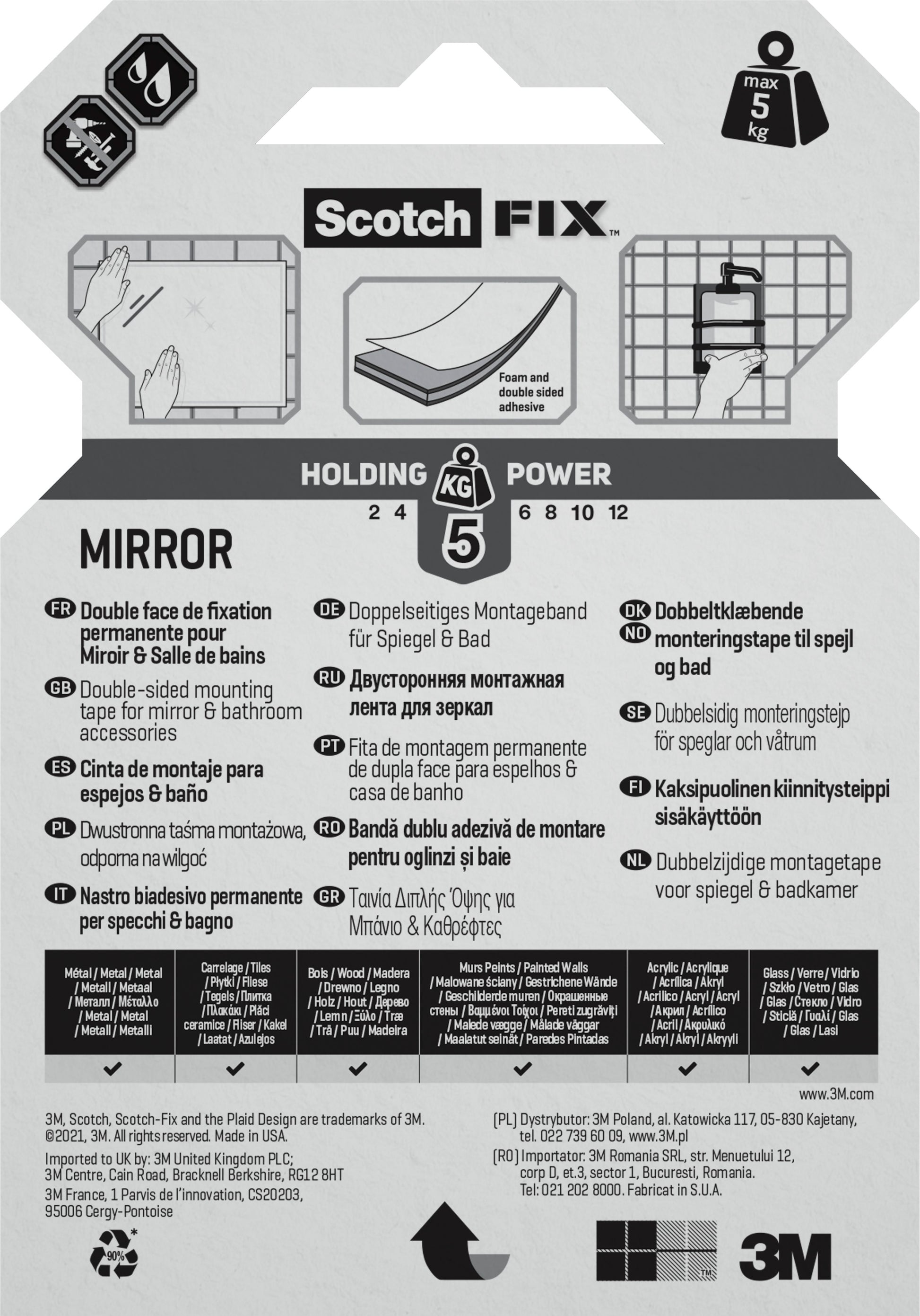 Die Rückseite einer Verpackung der 3M Deutschland GmbH Scotch-FIX™ Spiegelmontageband 4496W zeigt die Haltekraft, eine mehrsprachige Spiegelmontageanleitung, Symbole für Gewicht/Oberflächen und Produktinformationen am unteren Rand.