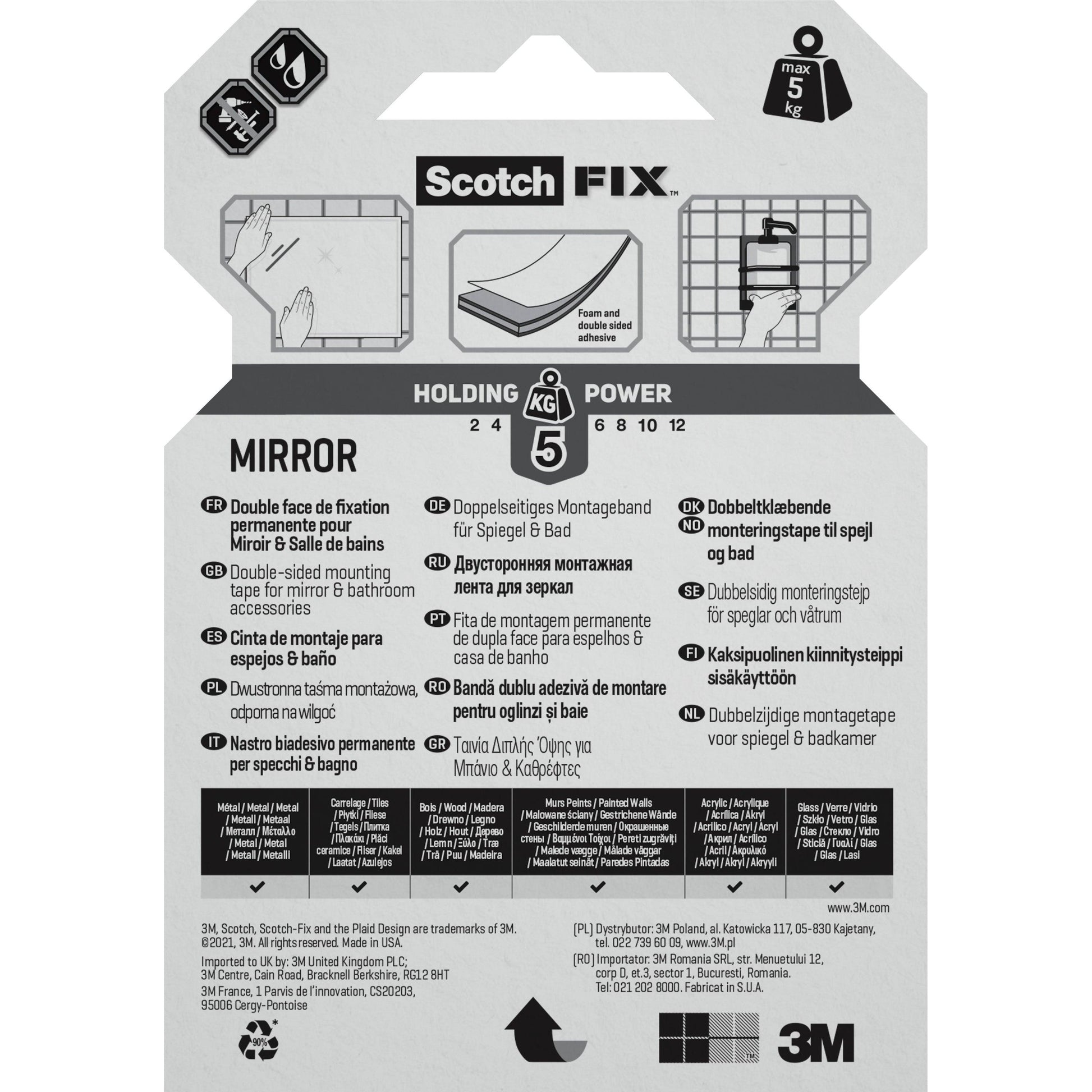 Die Rückseite einer Verpackung der 3M Deutschland GmbH Scotch-FIX™ Spiegelmontageband 4496W zeigt die Haltekraft, eine mehrsprachige Spiegelmontageanleitung, Symbole für Gewicht/Oberflächen und Produktinformationen am unteren Rand.
