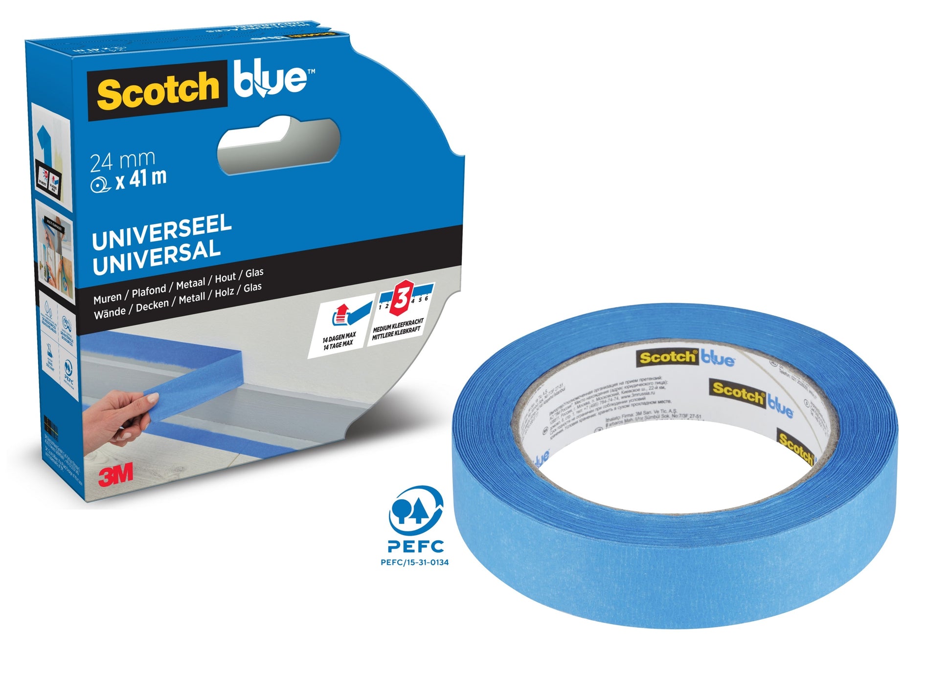 Eine Rolle ScotchBlue™ Malerabdeckband "Multi-Surface" der 3M Deutschland GmbH (24 mm x 41 m) wird neben der Verpackung gezeigt, die für den universellen Einsatz auf mehreren Oberflächen gekennzeichnet ist und das ScotchBlue- und 3M-Branding trägt.