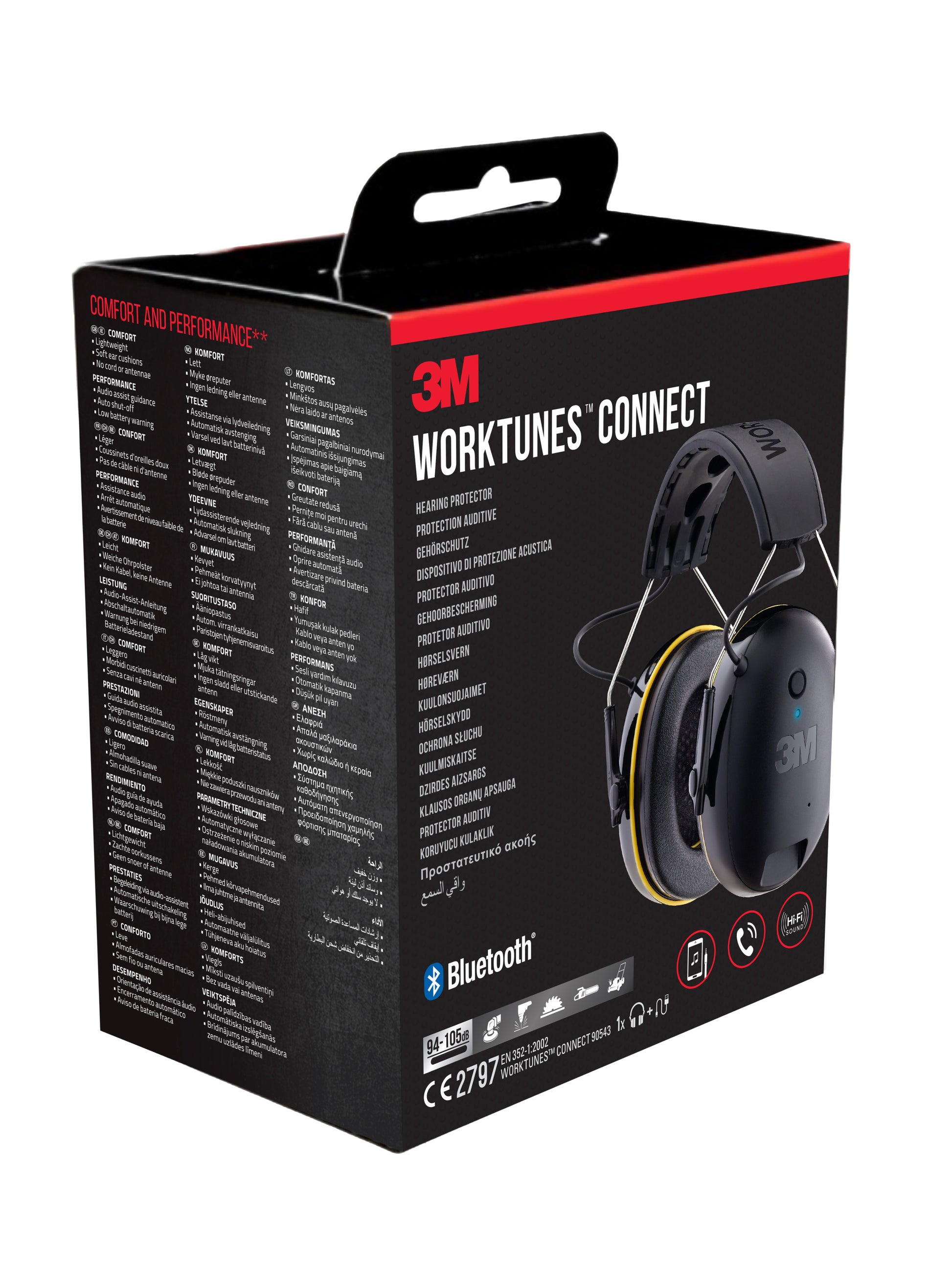 Eine schwarz-rote Schachtel von 3M™ WorkTunes™ Connect Kapselgehörschutz 90543E (SNR 31 dB, Bluetooth®), von 3M Deutschland GmbH, mit Produktbildern, technischen Daten und mehrsprachiger Beschreibung auf der Verpackung.