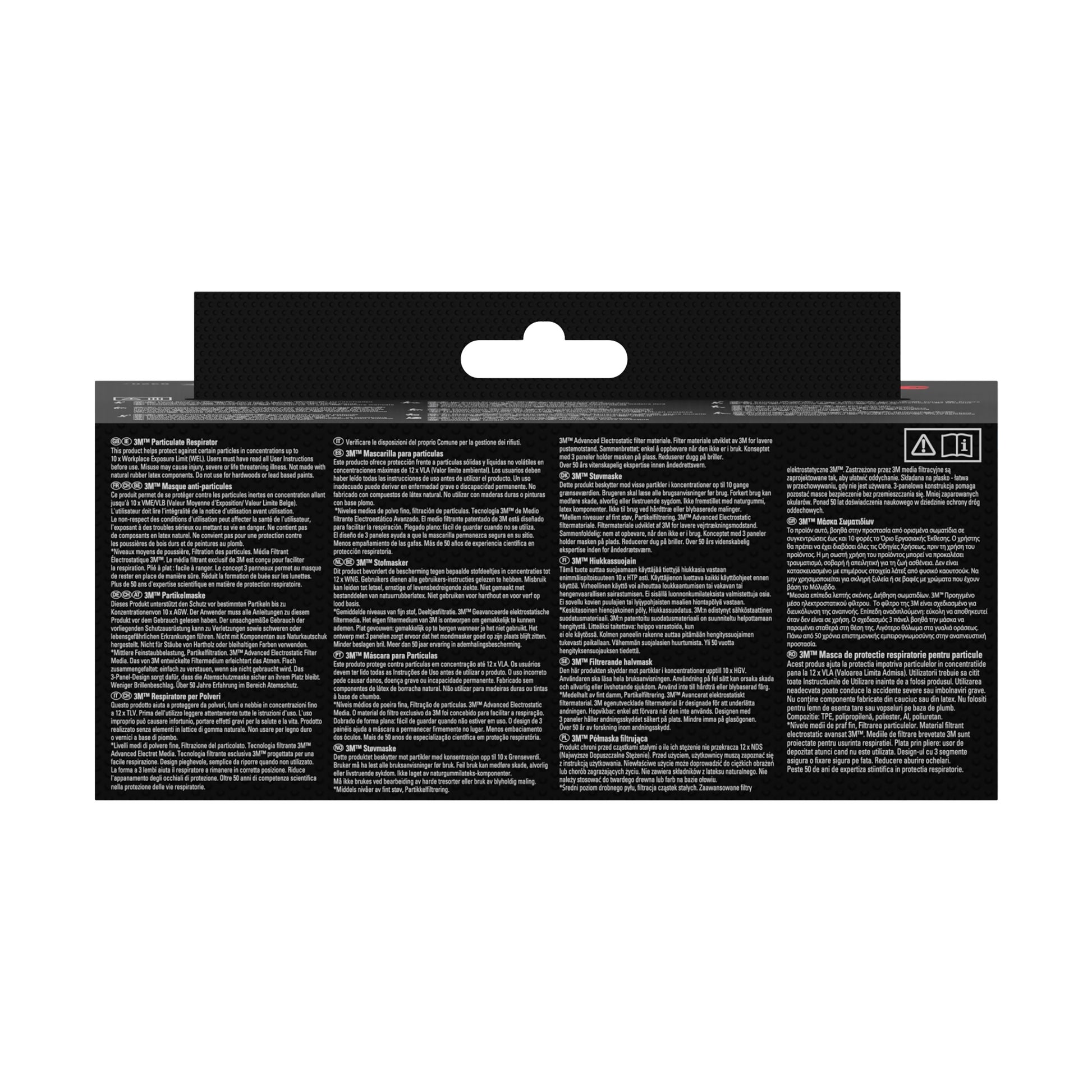 Rückseite einer rechteckigen 3M™ Aura™ Komfort-Partikelmaske 9320+, FFP2, ohne Ventil (Packung mit 1 Stück) von 3M Deutschland GmbH, überwiegend schwarz mit mehreren Abschnitten mit kleinem mehrsprachigem Text und Symbolen sowie einer ausgeschnittenen Aufhängelasche oben in der Mitte.