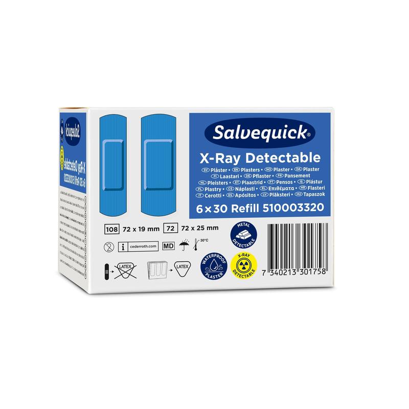 Eine Packung Salvequick röntgendetektierbar von Orkla Wound Care AB, 6 x 30 Stück Nachfüllung (insgesamt 180 Pflaster), mit Produktinformation, Symbolen, Strichcodes und blauer Pflastergrafik auf der Schachtel.