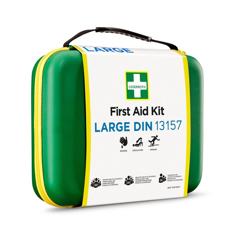 Ein grün-gelber Erste-Hilfe-Hartschalenkasten mit Griff, beschriftet mit "Verbandskasten LARGE DIN | Packung (1 Stück)" von Orkla Wound Care AB. Das Etikett zeigt Symbole für Wunden, Kreislauf und Verstauchungen und entspricht den strengen DIN-Normen.