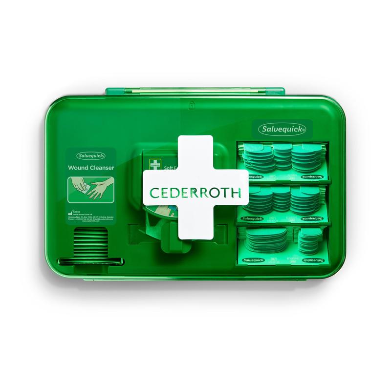 Ein blauer Orkla Wound Care AB Wundversorgungsspender (1 Packung), der Wundversorgungsprodukte und Verbandsmaterial enthält, steht vor einem weißen Hintergrund.