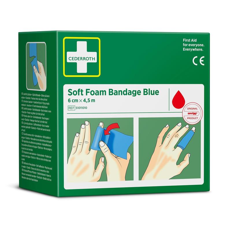 Auf einer grünen Schachtel mit der Aufschrift "Cederroth weichschaumbinde blau 6 cm x 4,5 m | Packung (1 Stück)" von Orkla Wound Care AB sind Bilder einer Hand abgebildet, die die blaue Schaumstoffbinde um die Finger wickelt und trägt.