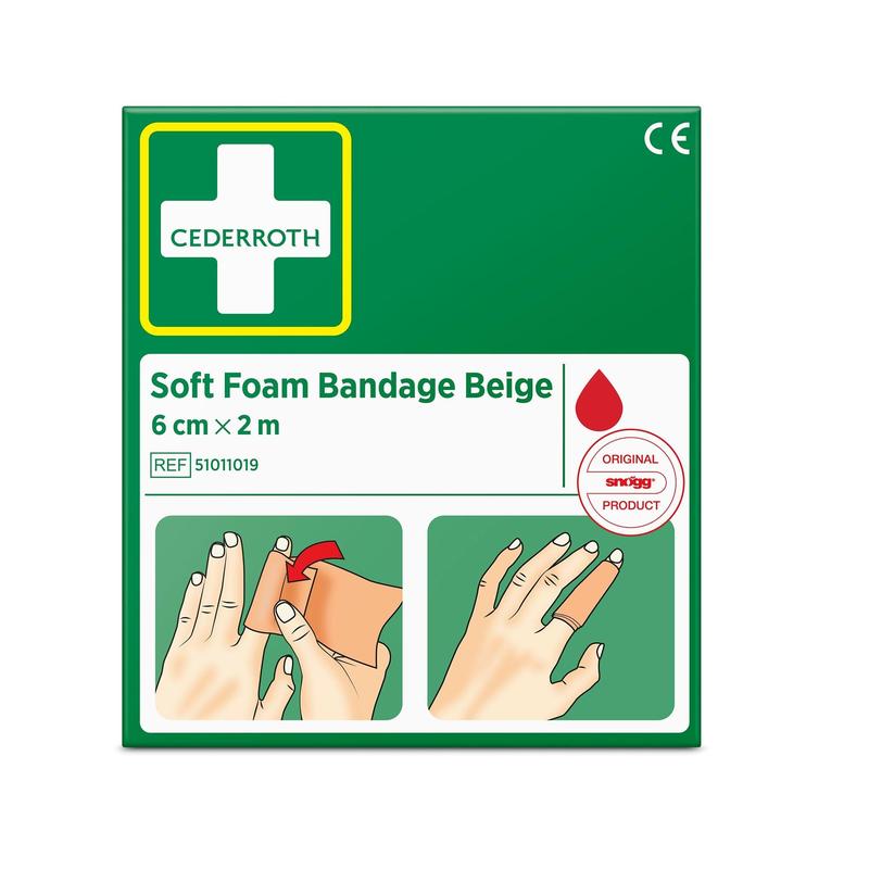 Eine grüne Schachtel mit der Aufschrift "Cederroth weichschaumbinde beige 6 cm x 2m | Packung (1 Stück)" von Orkla Wound Care AB hat ein weißes Kreuzlogo, die Referenz 51011019 und zwei bebilderte Anleitungen zum Anlegen der beigen Binde an einer Hand.