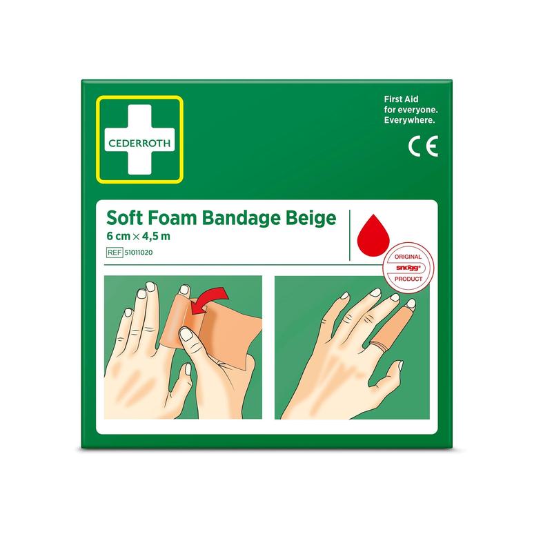 Auf einer grünen Schachtel von Orkla Wound Care AB Cederroth weichschaumbinde beige 6 cm x 4,5m (1 Stück) sind zwei Bilder abgebildet: eines zeigt eine Hand, die den Verband an einem Finger anlegt, und ein weiteres mit einem umwickelten Finger.