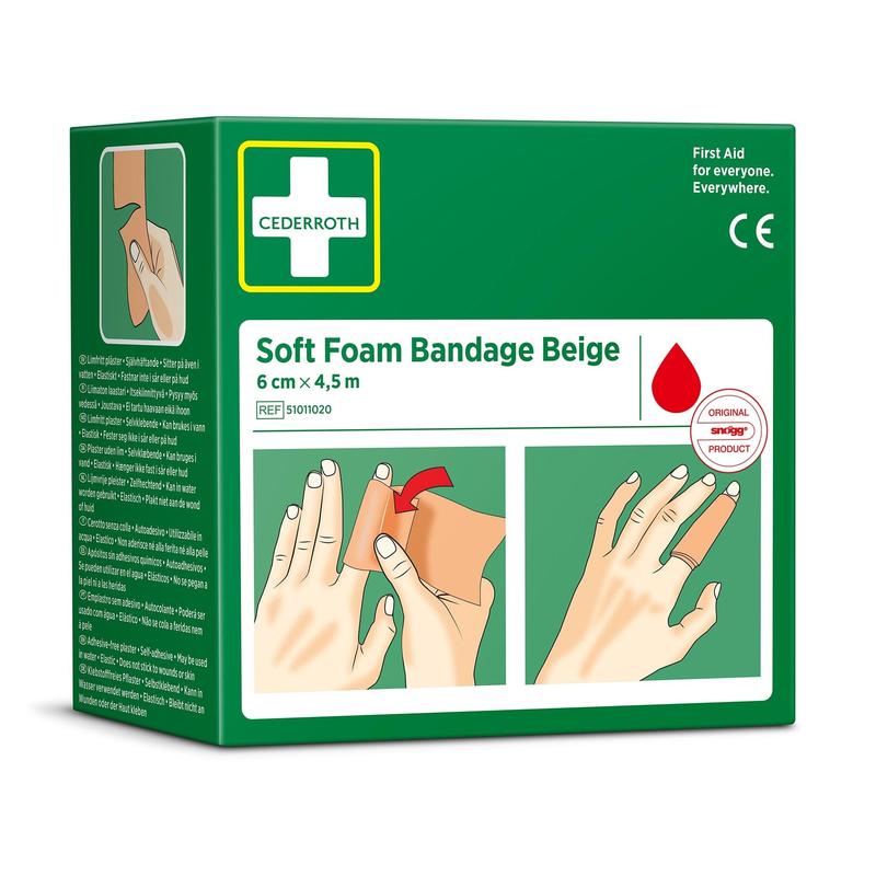 Eine grüne Schachtel von Orkla Wound Care AB Cederroth weichschaumbinde beige 6 cm x 4,5m (1 Stück) zeigt eine illustrierte Anleitung zum Wickeln von Fingern/Händen, Produktinformationen und ein rotes Tropfensymbol.
