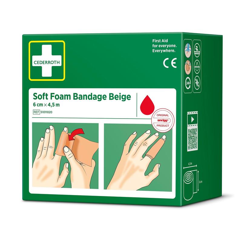 Eine grüne Schachtel mit der Aufschrift "Cederroth weichschaumbinde beige 6 cm x 4,5m | Packung (1 Stück)" von Orkla Wound Care AB, mit Erste-Hilfe-Symbolen, einem roten Tropfensymbol und Illustrationen zum Anlegen von Fingerverbänden.