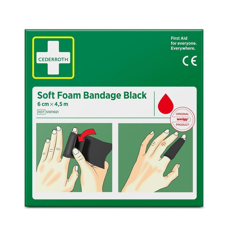 Eine grüne Schachtel mit der Aufschrift "Cederroth weiche Schaumstoffbinde schwarz 6 cm x 4,5m | Packung (1 Stück)" von Orkla Wound Care AB zeigt Abbildungen von Händen, die eine schwarze Schaumstoffbinde anlegen, zusammen mit Produktinformationen und Logos.