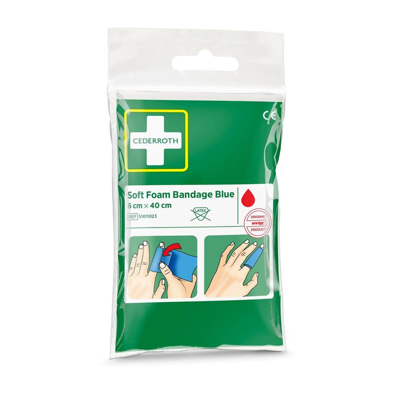 Eine versiegelte Packung Orkla Wound Care AB Cederroth weichschaumbinde blau 6x40cm (1 Stück) mit Anwendungsbildern und Produktinformationen auf dem grün-weißen Frontetikett.