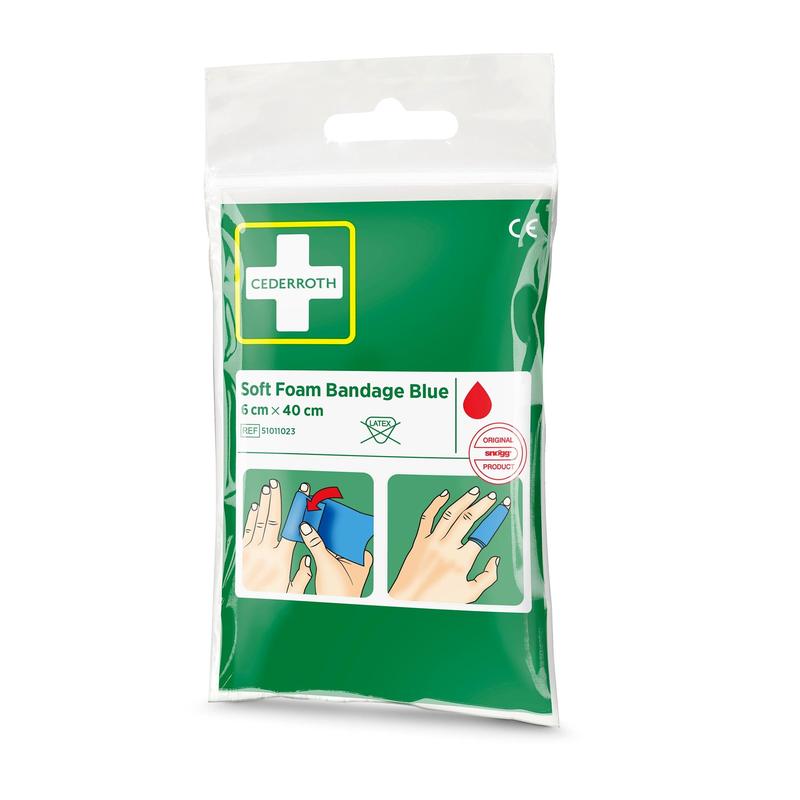 Eine versiegelte Packung Orkla Wound Care AB Cederroth weichschaumbinde blau 6x40cm (1 Stück) enthält eine bebilderte Anleitung zur Anwendung mit dem Finger. Die Verpackung weist grüne, weiße, gelbe und rote Akzente auf.