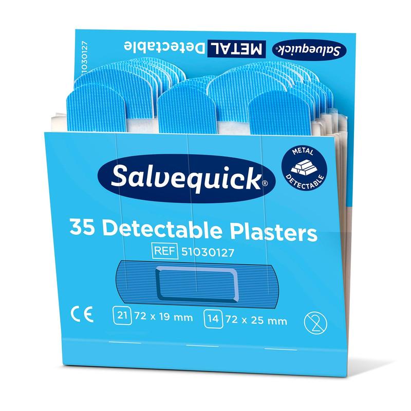 Eine blau-weiße Schachtel mit der Aufschrift "Blauer detektierbarer Gips, 35 Stück/Mine | Packung (6 Stück)" von Orkla Wound Care AB enthält einzeln verpackte blaue detektierbare Pflaster mit Produktinformationen und einem Metalldetektionssymbol auf der Verpackung.
