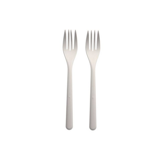 Zwei identische weiße Gabeln, jede mit drei Zinken, stehen nebeneinander auf einem schlichten weißen Hintergrund und unterstreichen die Eleganz der Circulware von Haval Gabeln (Mehrweg) PP 18,5 cm für Haltbarkeit und Stil.