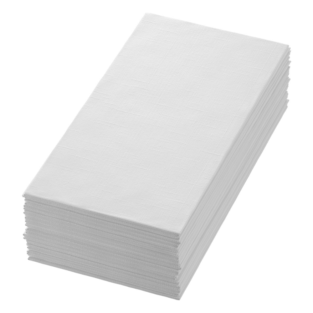Ein Stapel Dunilin®-Servietten 48 x 48 cm in Weiß der Duni GmbH mit dezenter Textur und perfekt ausgerichteten Kanten ist ordentlich auf weißem Hintergrund angeordnet und bietet eine umweltfreundliche Wahl für jeden Anlass. Jede Packung enthält 36 Servietten, die an stoffähnliche Eleganz erinnern.