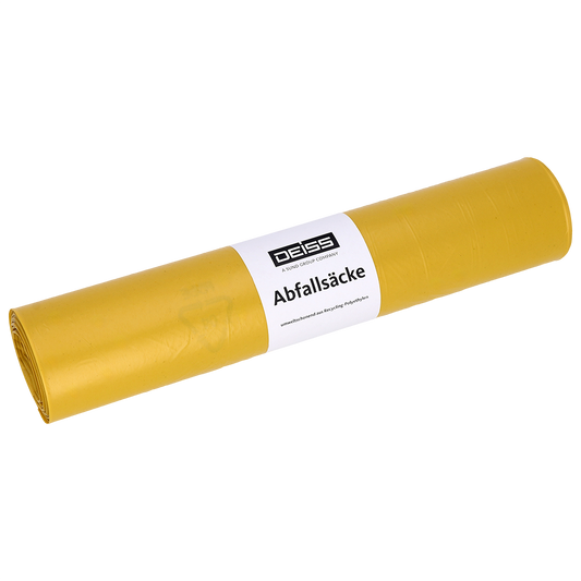 Abgebildet ist eine Rolle gelber DEISS Müllsäcke Typ 20 (575x1000 mm, 70 l, HDPE) der EMIL DEISS KG (GmbH + Co.) auf einfarbig weißem Hintergrund, wobei das weiße Etikett sichtbar ist.