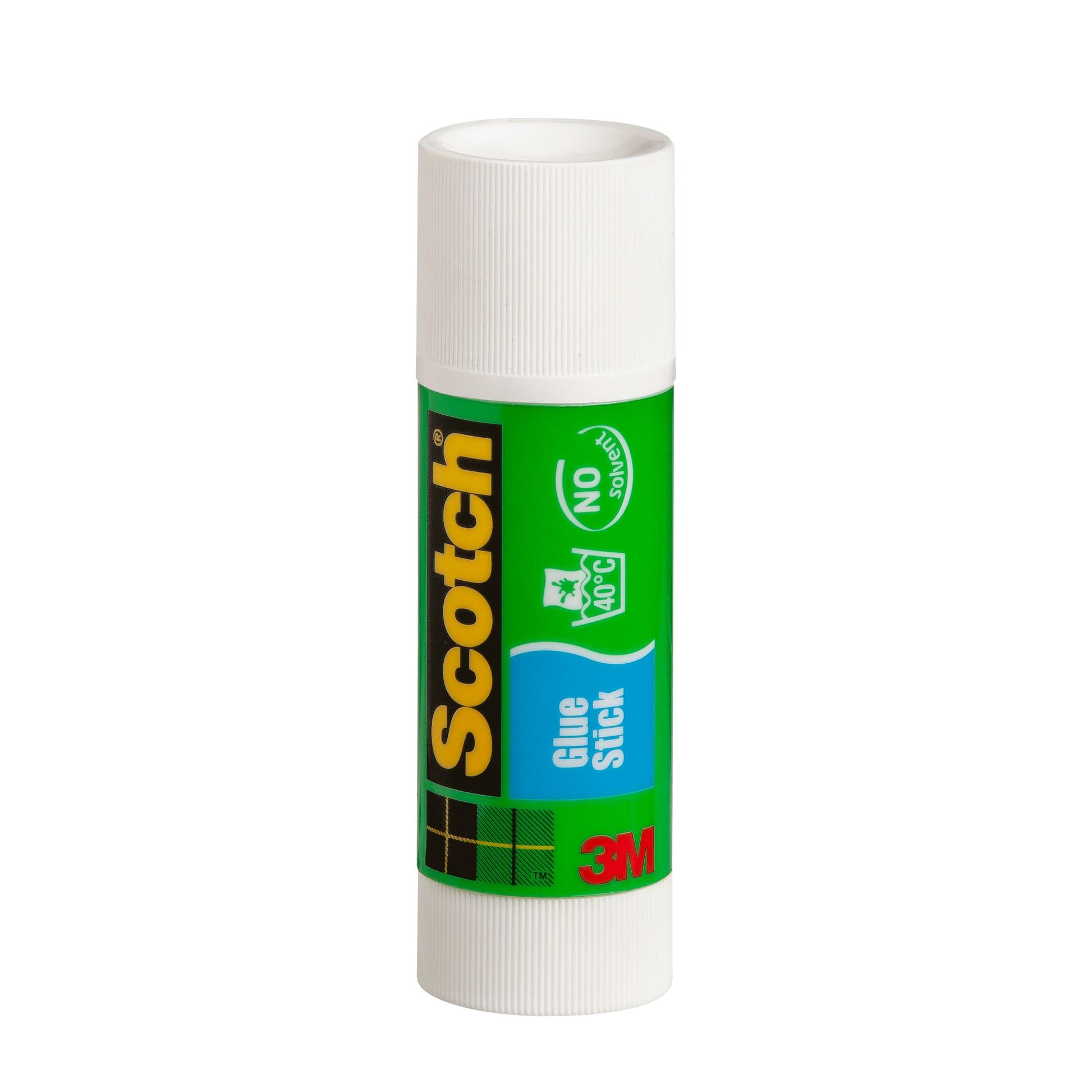 Der Scotch® Permanent-Klebestift, 40 g von 3M Deutschland GmbH hat eine weiße Kappe und einen weißen Boden mit einem Etikett in den Farben Grün, Gelb, Blau und Schwarz, auf dem Produktinfos und Logos abgebildet sind.