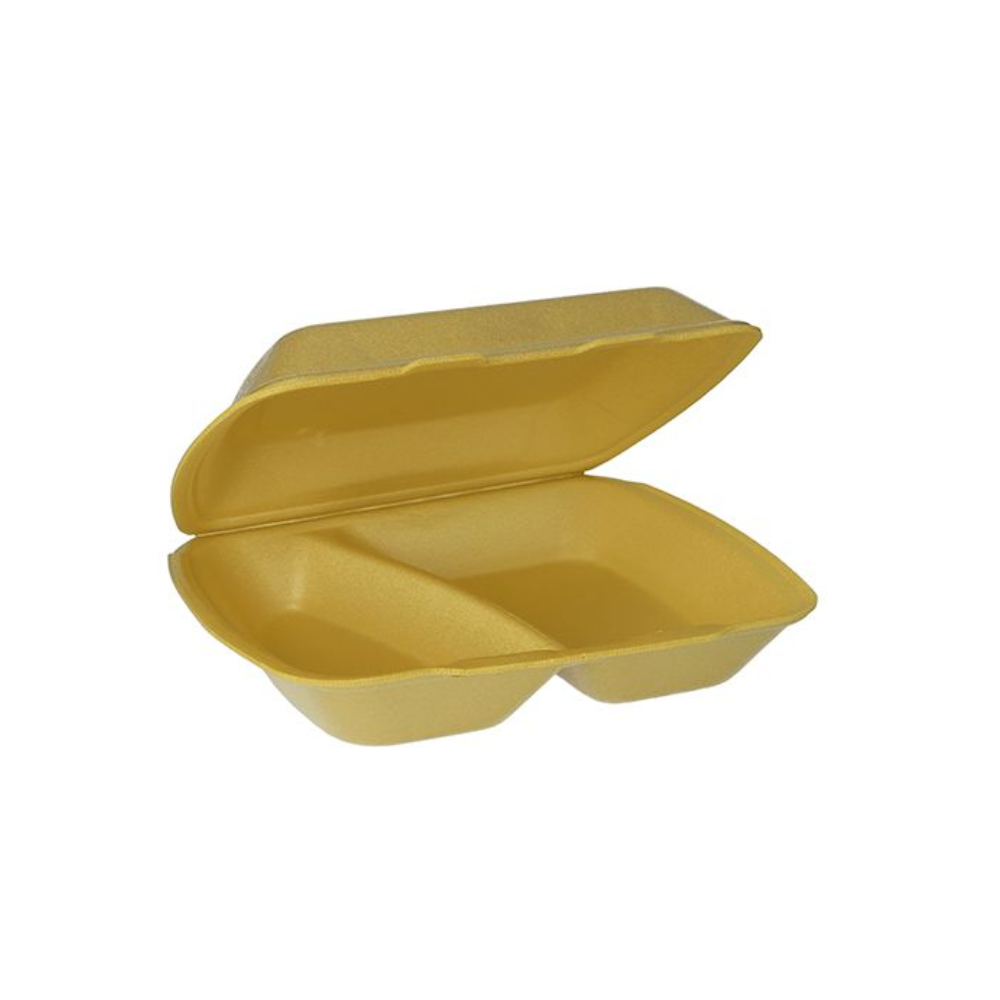 Die Starpak Menüboxen XPS 2-geteilt haben ein gelbes Polystyrol-Clamshell-Design mit einem Klappdeckel, der zwei Fächer freigibt. Diese Menüboxen sind ideal für den Außer-Haus-Verkauf und bieten Komfort und Zuverlässigkeit für Mahlzeiten zum Mitnehmen.