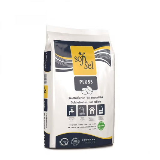 Ein weiß-gelber 25-kg-Sack mit der Aufschrift "Salztabletten" für die Wasserenthärtung ist mit mehrsprachigem Text, industriellen Anwendungssymbolen und der Marke "Diversey Deutschland GmbH & Co. OHG" am Boden.