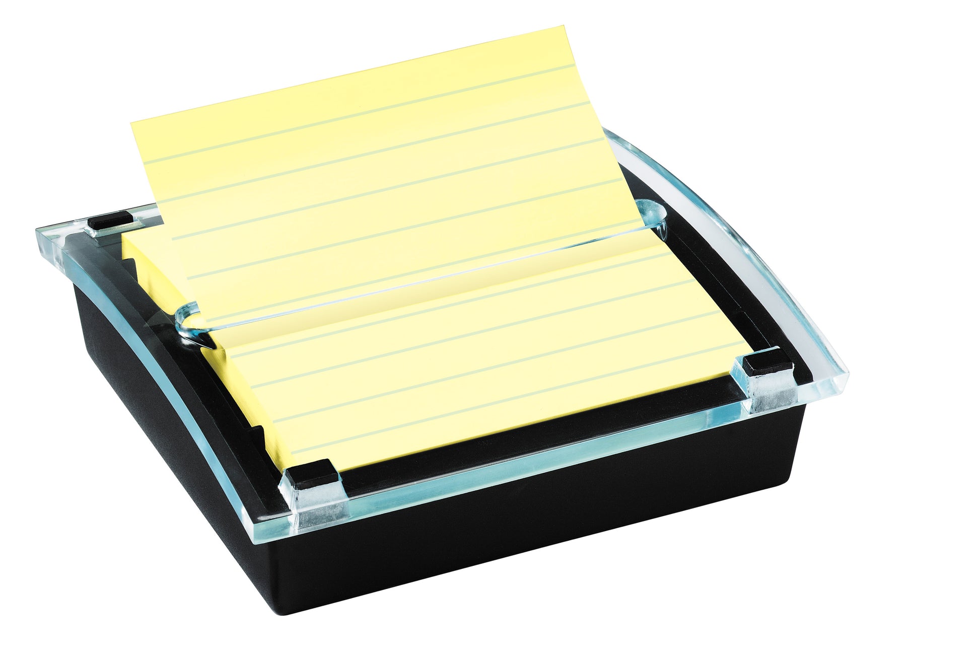 Der 3M Post-it® Z-Notes Dispenser XL in Schwarz fasst eine Packung großer, gelber, linierter Super Sticky Z-Notes (101 x 101 mm, 90 Blatt), wobei eine Notiz für den einfachen Zugriff teilweise angehoben ist.