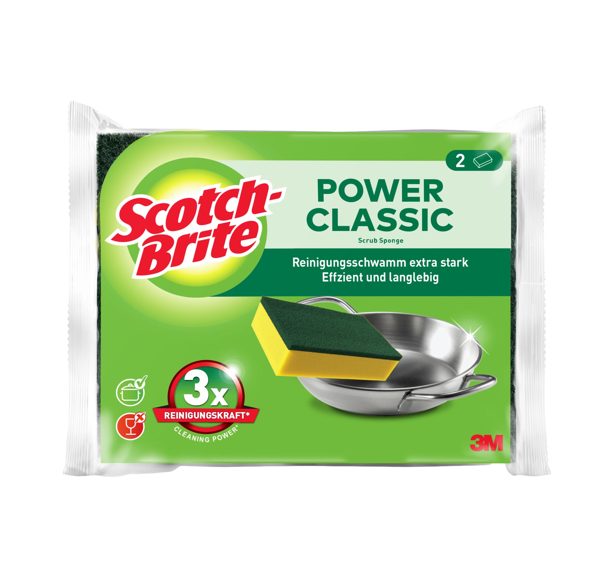 Eine Packung Scotch-Brite® Classic Reinigungsschwamm der 3M Deutschland GmbH zeigt zwei Schwämme, eine deutsche Beschriftung, ein Produkt-Branding, einen Schwamm, der einen Metalltopf reinigt, und den Hinweis "3x Reinigungskraft".