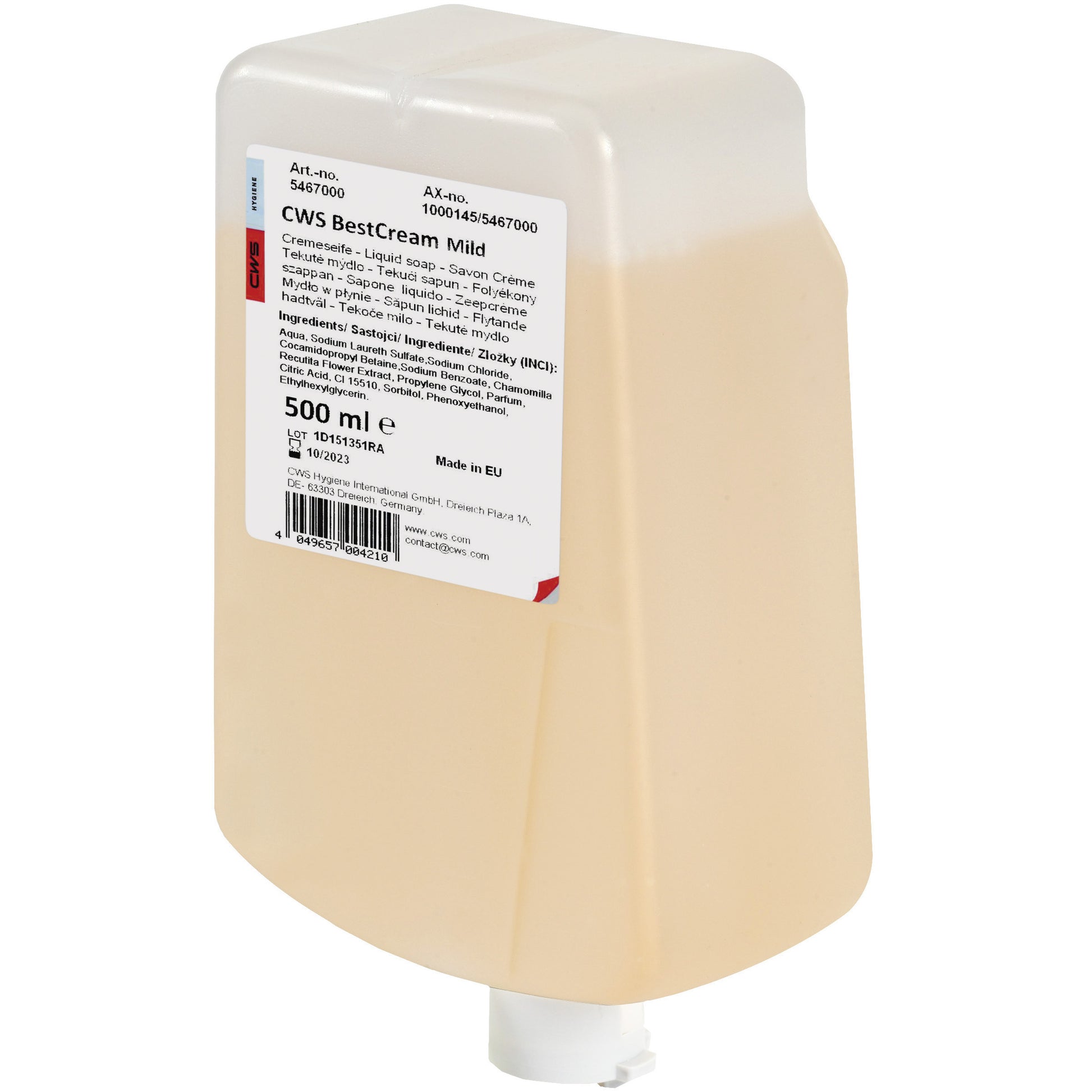 Eine rechteckige 500-ml-Kunststoffspenderflasche mit der Aufschrift "CWS Seifencreme BestCream Mild" von CWS, die eine hautfreundliche Seifencreme für eine wirksame Handhygiene enthält, mit Produktinformation und Inhaltsstoffen auf einem weißen Etikett.
