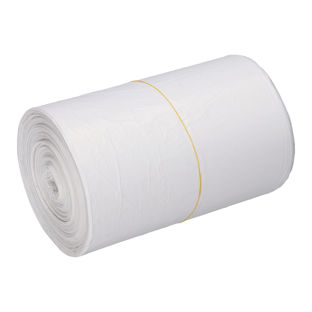 Eine Rolle DEISS 56820 Müllsäcke (540x580x0,011 mm, 100 Stück, weiß) der Marke EMIL DEISS KG (GmbH + Co.) liegt auf schlichtem weißen Hintergrund - praktisch für ordentliche Abfallentsorgung.