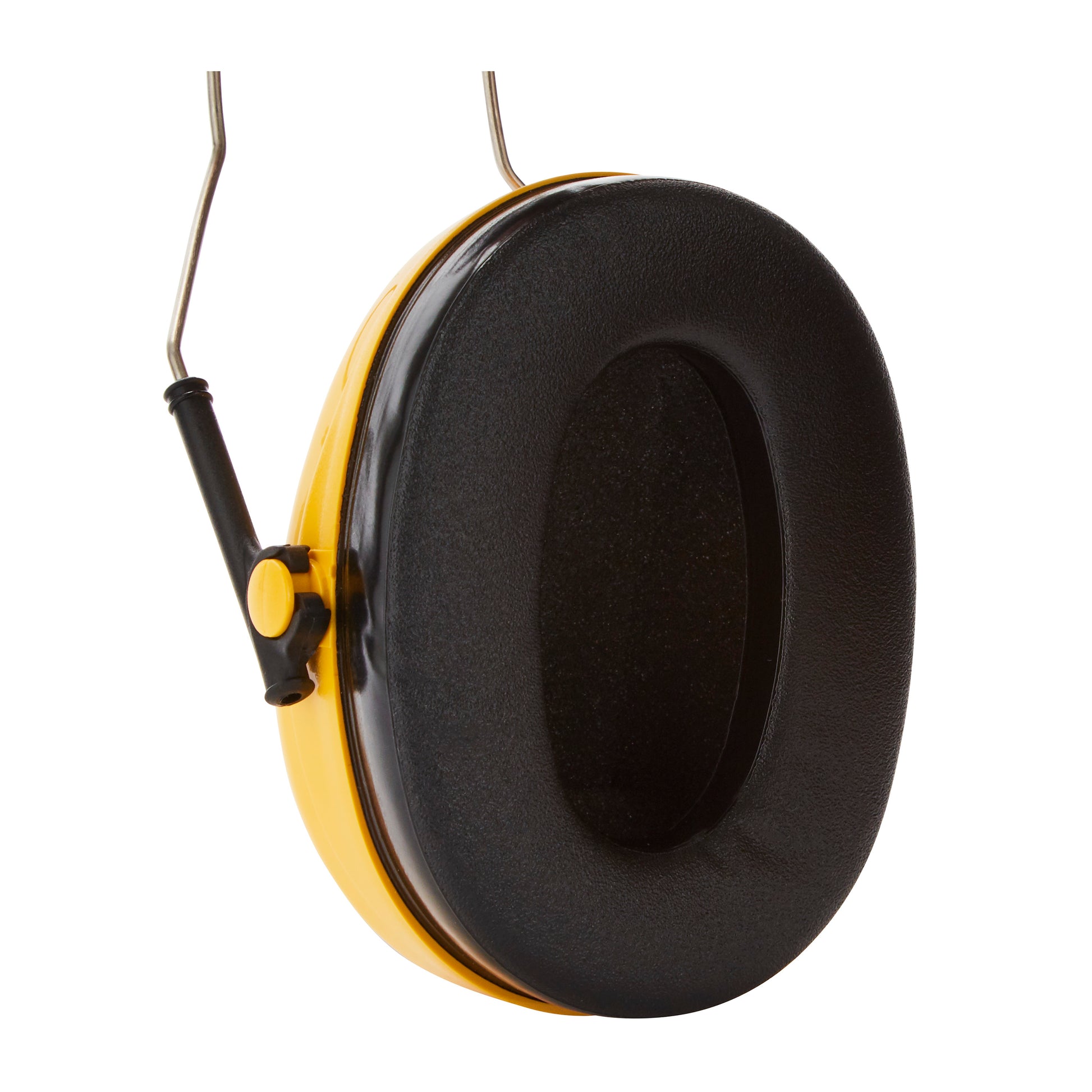 Nahaufnahme eines 3M™ PELTOR™ Optime™ I H510A gelb-schwarzen Kapselgehörschützers (SNR 27 dB, 1 Stück) der 3M Deutschland GmbH mit Schaumstoffkissen und Metallbügel, fotografiert vor weißem Hintergrund.