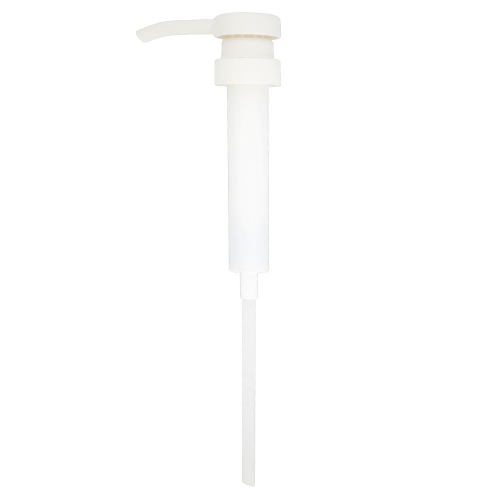 Eine weiße Kunststoff-Handpumpe für 5L Kanister (1 Stück, 1ml Hub) von Diversey Deutschland GmbH & Co. OHG, ideal für die direkte Handdosierung, mit langem Tauchrohr und fotografiert auf einem schlichten weißen Hintergrund.