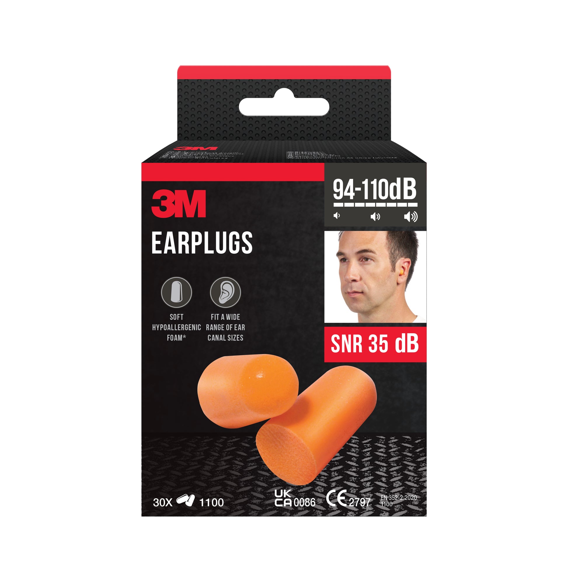Eine Schachtel 3M™ Gehörschutzstöpsel 1100, Weichschaum, SNR-Wert 35 dB, Orange von 3M Deutschland GmbH zeigt eine Abbildung von orangefarbenen Gehörschutzstöpseln, einen Männerkopf in der oberen rechten Ecke und einen Text, der die technischen Daten hervorhebt.