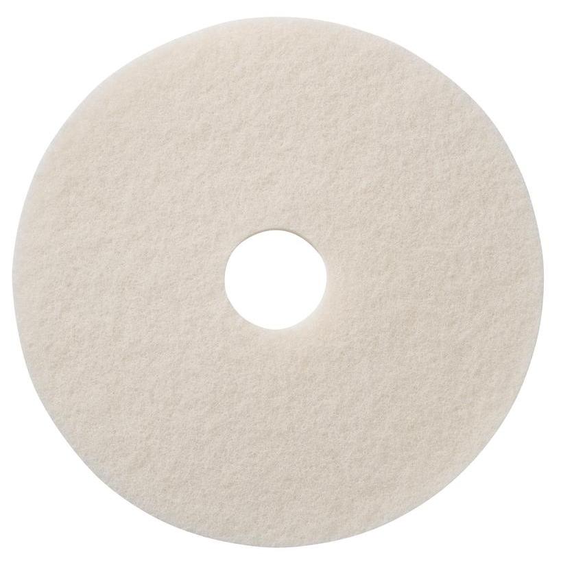 Das TASKI Americo Pad Weiß Hochwertiges Highspeed-Polierpad von Diversey Deutschland GmbH & Co. OHG ist ein weißes, rundes Pad mit einem kleinen Loch in der Mitte, das auf einem unifarbenen Hintergrund abgebildet ist - ideal für effiziente Bodenpolierarbeiten.