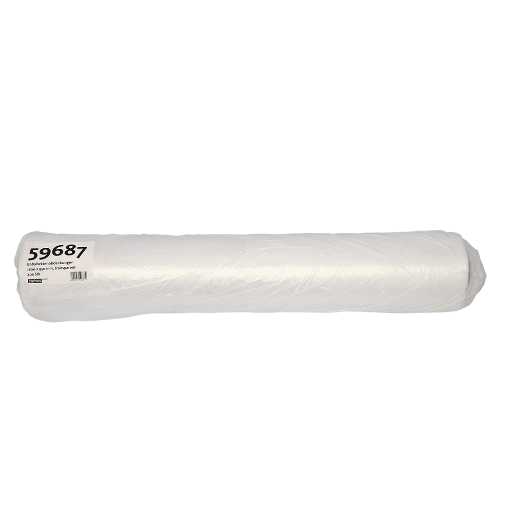 Eine große Rolle EMIL DEISS KG (GmbH + Co.) DEISS 59687 Babybettenabdeckungen, 1800x950 mm, transparent und beschriftet, steht auf einem schlichten weißen Untergrund; Packung enthält 400 Stück.