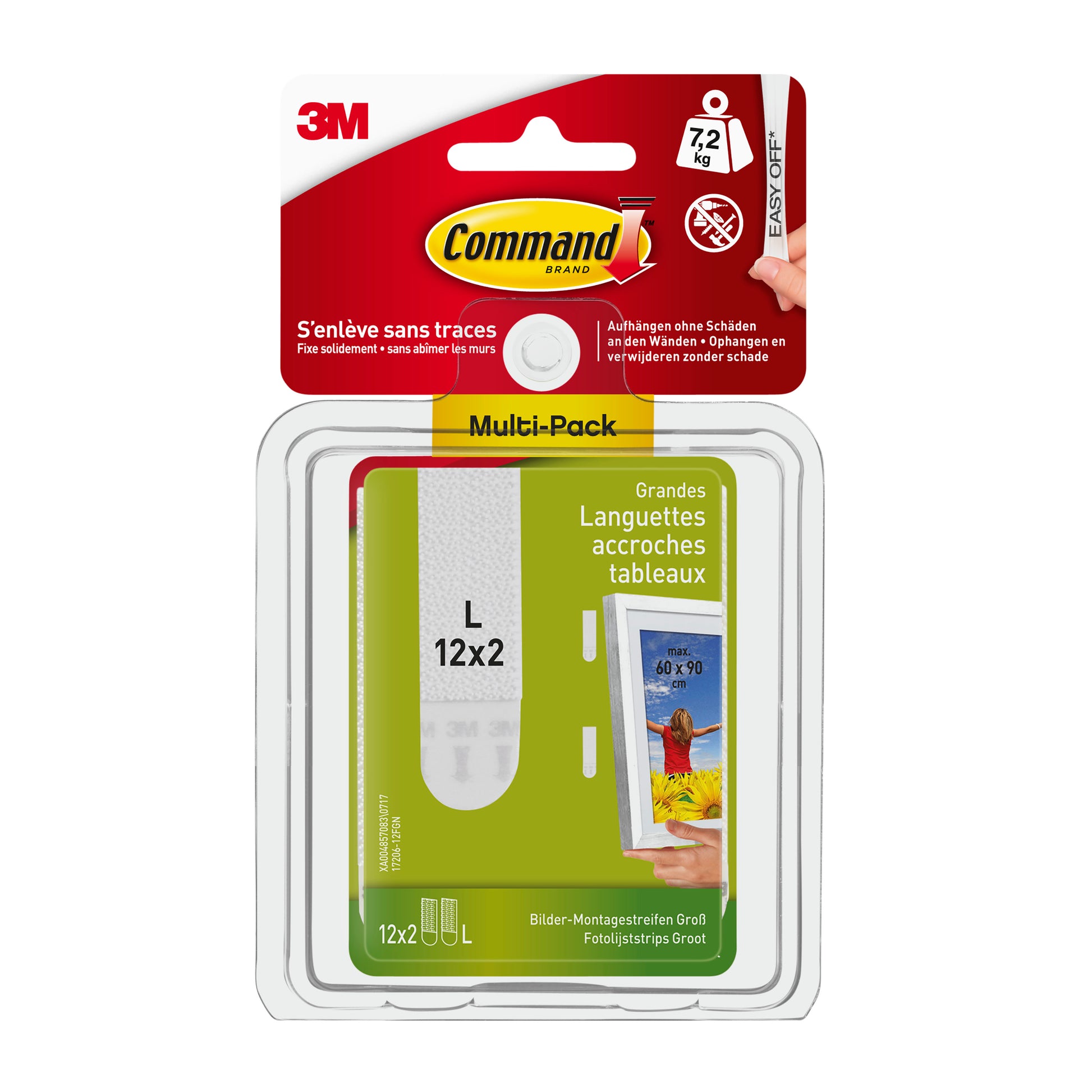Vorderansicht eines 3M Deutschland GmbH Große Command™ Bilder-Montage Strips L, 12 Sets im Vorteilspack (17206-12), weiße Verpackung. Die Etikettenstreifen halten bis zu 7,2 kg, ideal für die Montage von Bildern ohne Beschädigung.