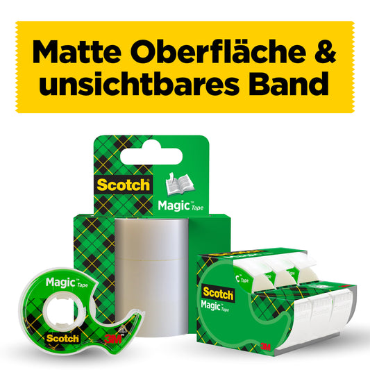 Ein Display der 3M Deutschland GmbH Scotch® Magic™ Unsichtbares Klebeband (2 Rollen, 19 mm x 12 m + 3,2 m GRATIS) plus ein Spender ist vor einem "Matte Oberfläche & unsichtbares Band"-Schild auf gelbem Hintergrund abgebildet.