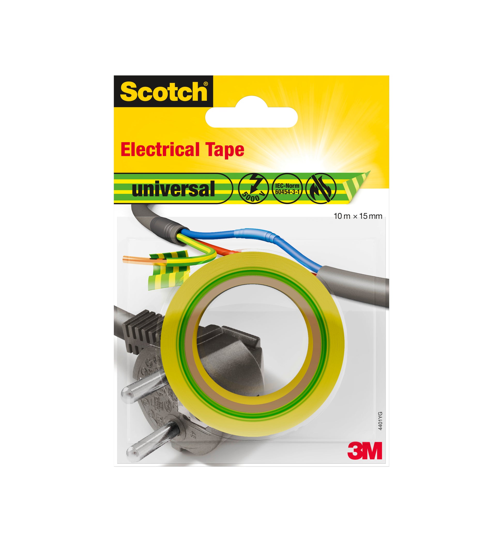 Eine Verpackung von Scotch® Isolierband universal (10 m x 15 mm) der 3M Deutschland GmbH, die eine Rolle gelb-grünes Klebeband mit Abbildungen von elektrischen Drähten und einem Stecker auf der Verpackung zeigt.