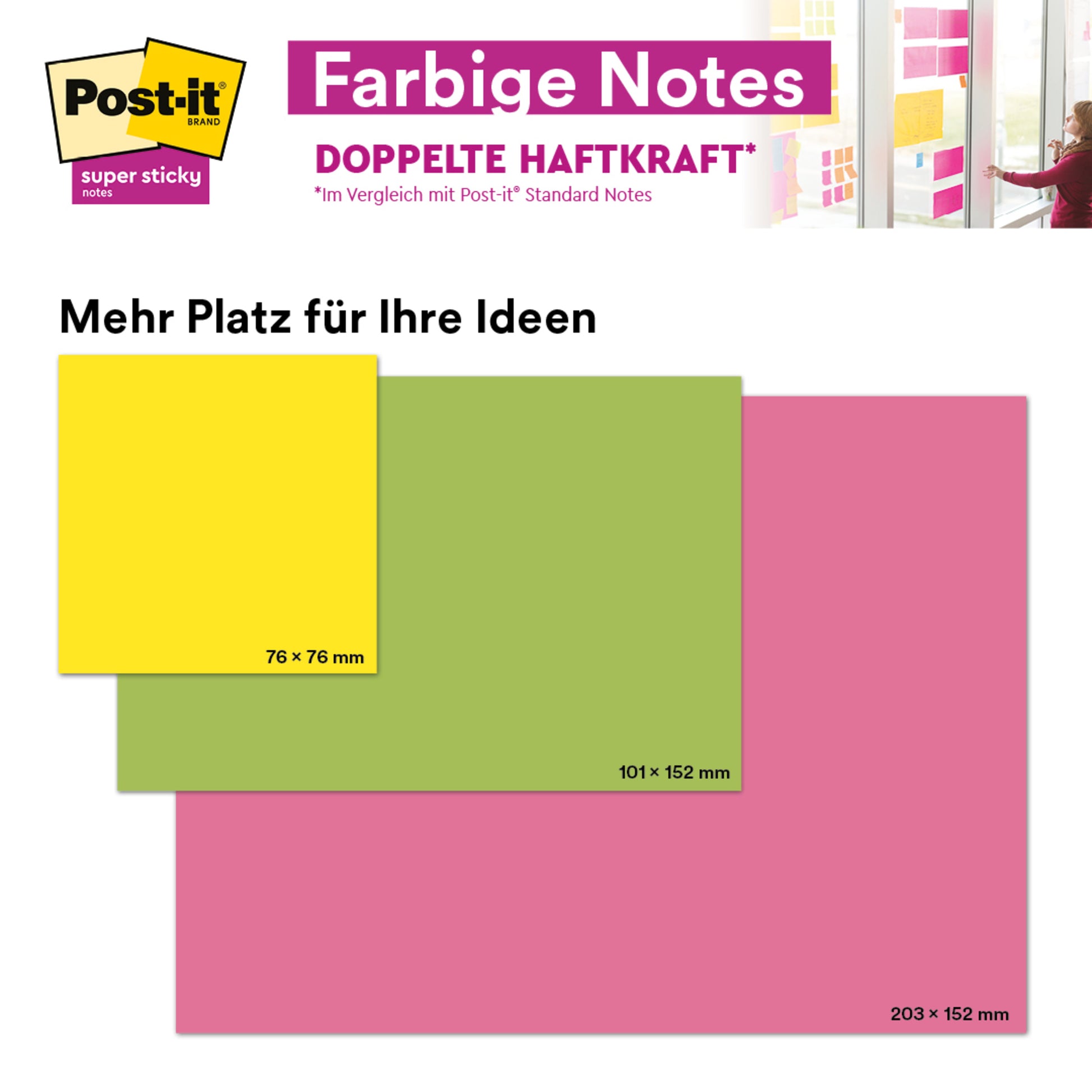 Ein Vergleich von drei Post-it® Super Sticky Meeting Notes von 3M in verschiedenen Farben und Größen: 76x76mm, 101x152mm, und 203x153mm. Deutscher Text: "Mehr Platz für Ihre Ideen." Jede Packung enthält 6 Blöcke (45 Blatt), PEFC-zertifiziert.