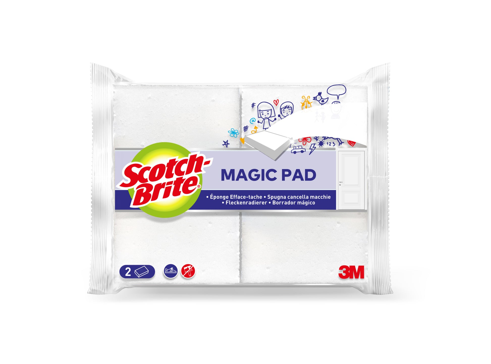 Abgebildet ist eine Packung Scotch-Brite® Magic Pad der 3M Deutschland GmbH mit einer überwiegend weißen Verpackung und einem lila Etikett. Die Packung enthält zwei Pads, ist mit dem Scotch-Brite-Logo versehen und zeigt Text in mehreren Sprachen.