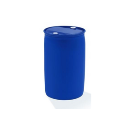 Ein blaues Kunststofffass mit zwei weißen Deckeln, das Dr. Schnell PRIMA OXY Wäschedesinfektion automatische Dosierung der DR.SCHNELL GmbH & Co. KGaA, für die professionelle Wäschedesinfektion, steht aufrecht auf weißem Grund.