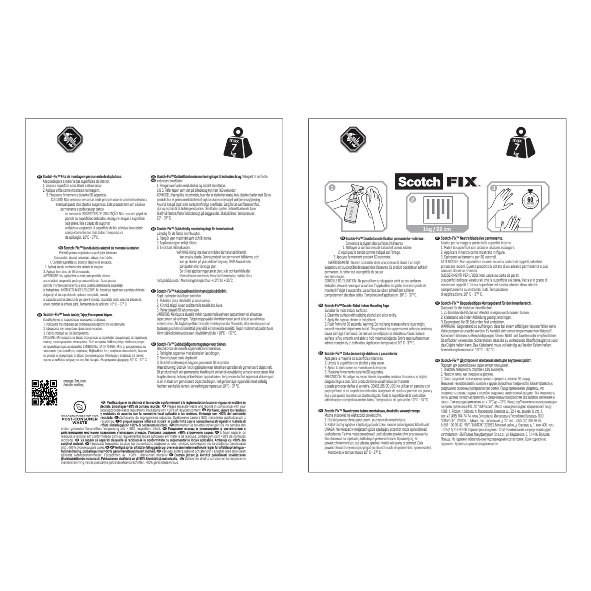 Zwei Anleitungsblätter für Scotch-FIX™ Doppelseitiges Innenmontageband von 3M Deutschland GmbH, mit mehrsprachigen Arbeitsschritten, Anwendungsdiagrammen, Anwendungshinweisen und dichtem Schwarz-Weiß-Text mit Symbolen.