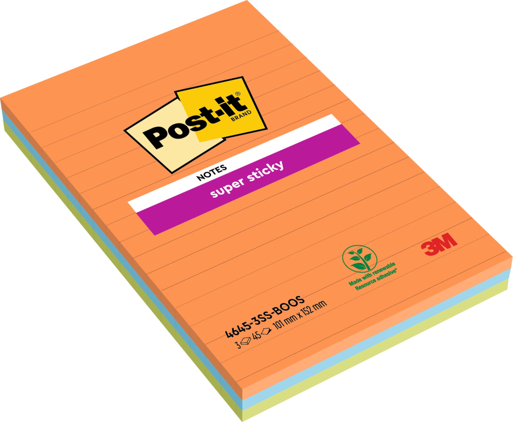 Eine Packung Post-it® Super Sticky Notes, Boost Collection, liniert, 101 x 152 mm, orangefarbenes Deckblatt, 3 Blöcke mit je 45 Blatt. Mit sichtbarem 3M-Branding und PEFC-Zertifizierung (SGSCH-PEFC-COC-110078) auf der Verpackung.