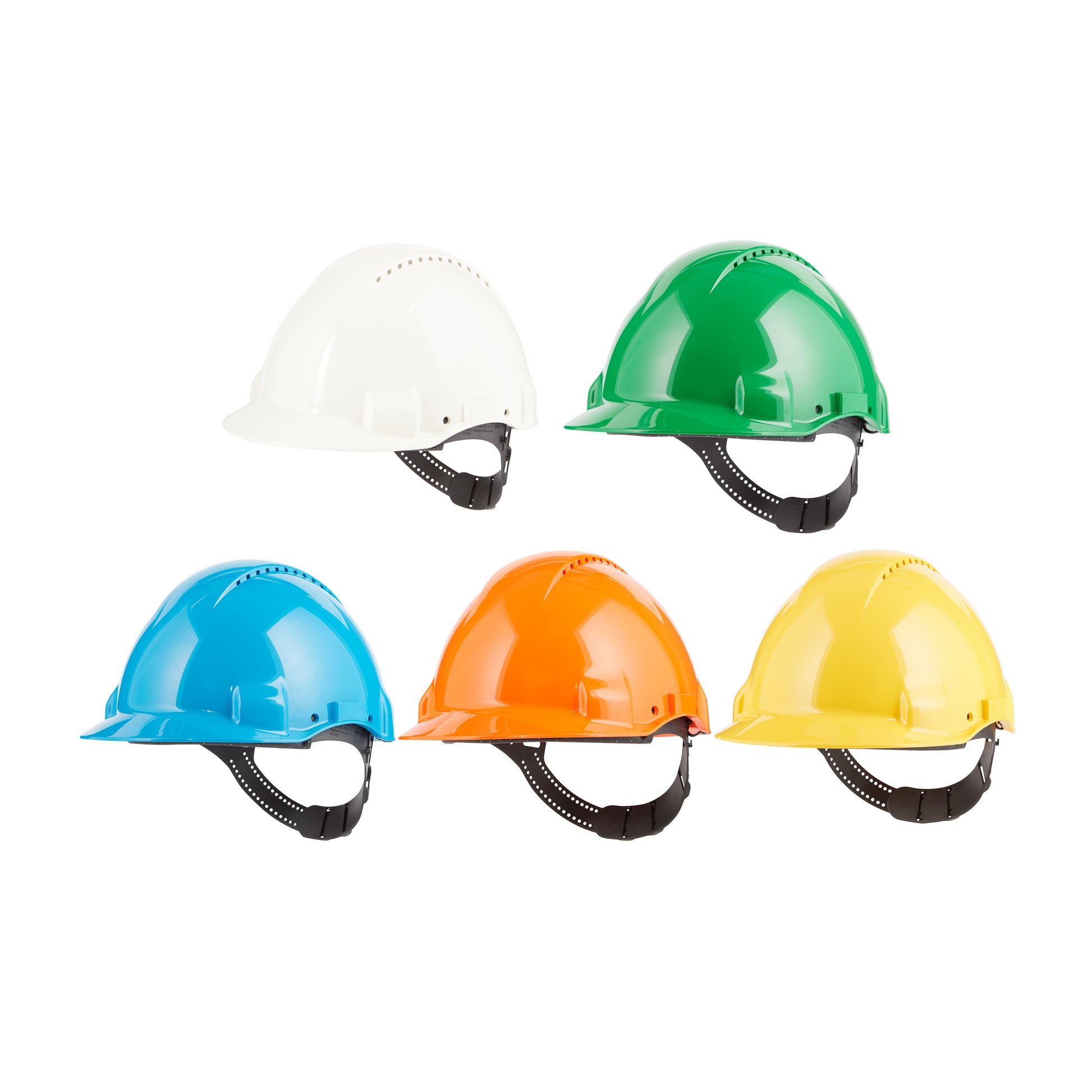 Fünf 3M™ Schutzhelme G3000C Uvicator der 3M Deutschland GmbH in den Farben weiß, grün, blau, orange und gelb sind auf weißem Hintergrund abgebildet. Jeder Helm verfügt über einen Kinnriemen und Belüftungsöffnungen auf der Oberseite für mehr Komfort.