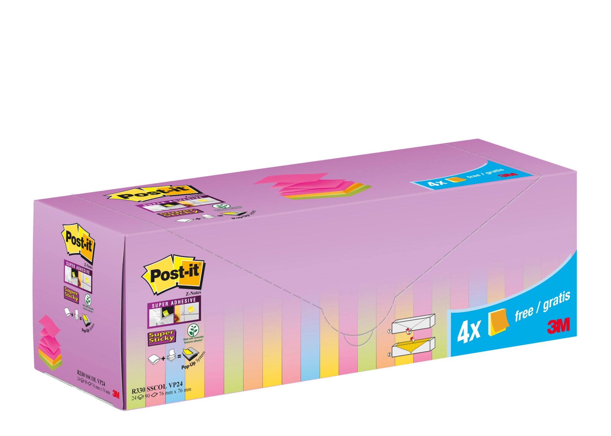 Eine Kartonschachtel Post-it® Super Sticky Z-Notes von 3M Deutschland GmbH, in verschiedenen Farben (76x76mm), mit 20 Blöcken plus 4 Gratisblöcken mit je 90 Blatt. Die Verpackung ist PEFC-zertifiziert und zeigt das Post-it-Logo und die Produktinformation.