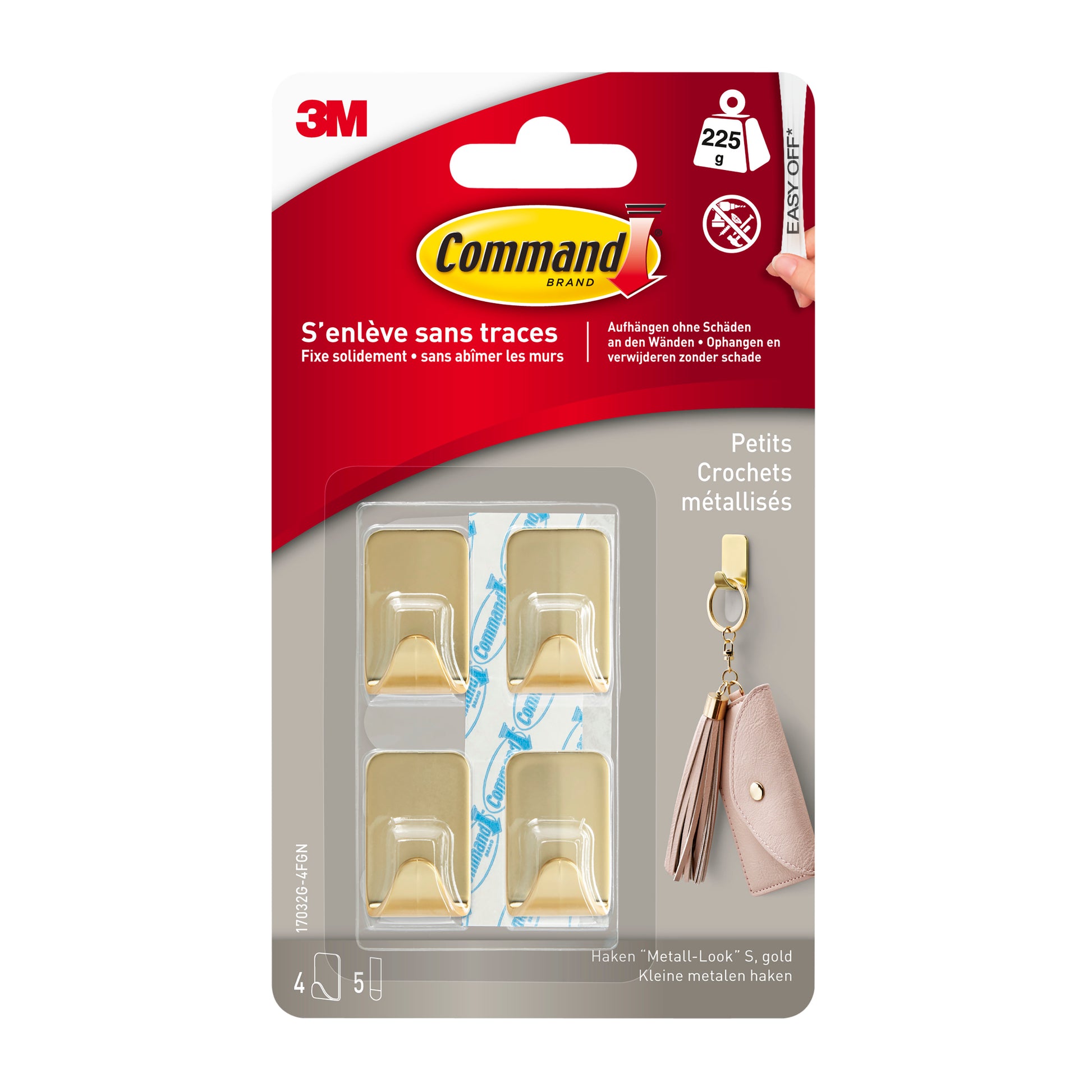 Eine Packung Command™ Metallhaken Größe S in Gold von 3M Deutschland GmbH enthält 4 Haken und 5 Streifen zum beschädigungsfreien Aufhängen; die Verpackung enthält Angaben in Französisch und Deutsch.